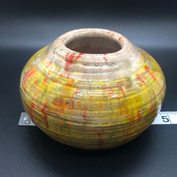Studio Pottery Small Round Vase Splatter Paint Design Yellow And Red - Picture 6 of 8